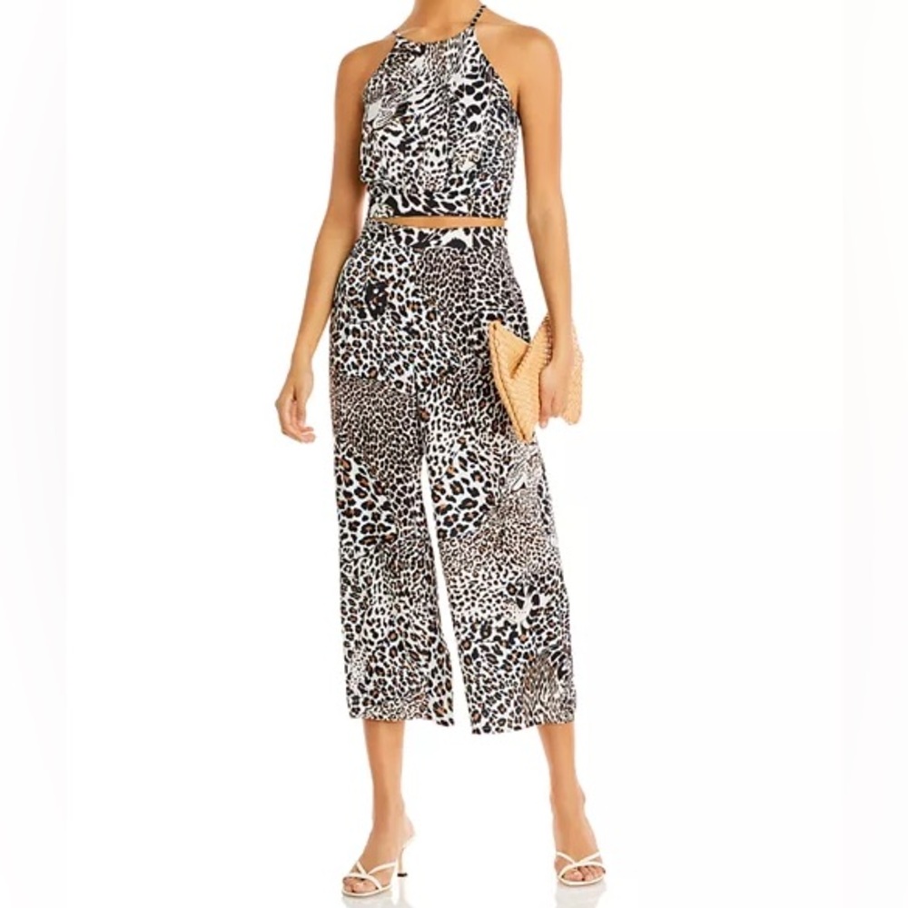 AQUA x MARY KATRANTZOU LEOPARD PRINT CROPPED PANT & HALTER TOP SET | XS